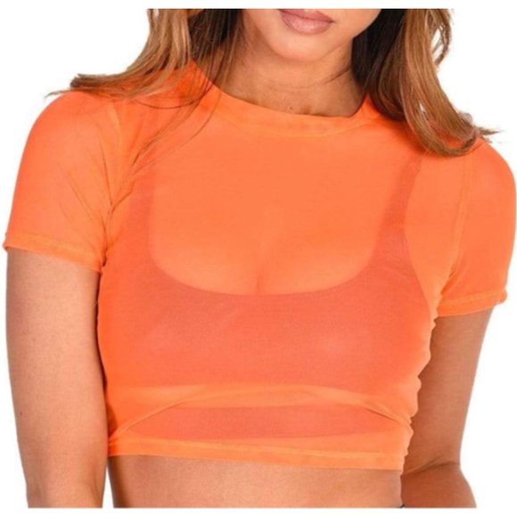 Sheer Mesh Orange Short Sleeve Crew Crop Top - Picture 1 of 6